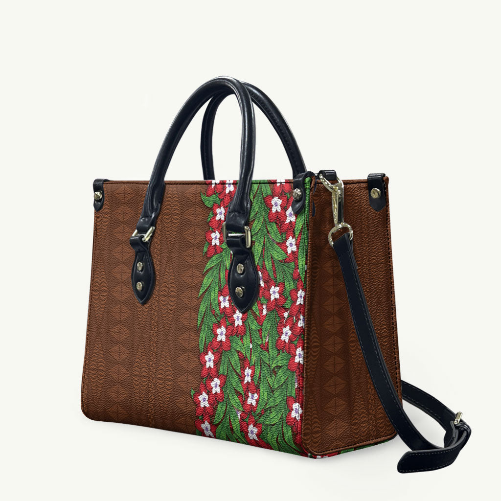 Tonga Language Week Leather Bag Heilala Floral Brown LT05 Brown - Polynesian Pride