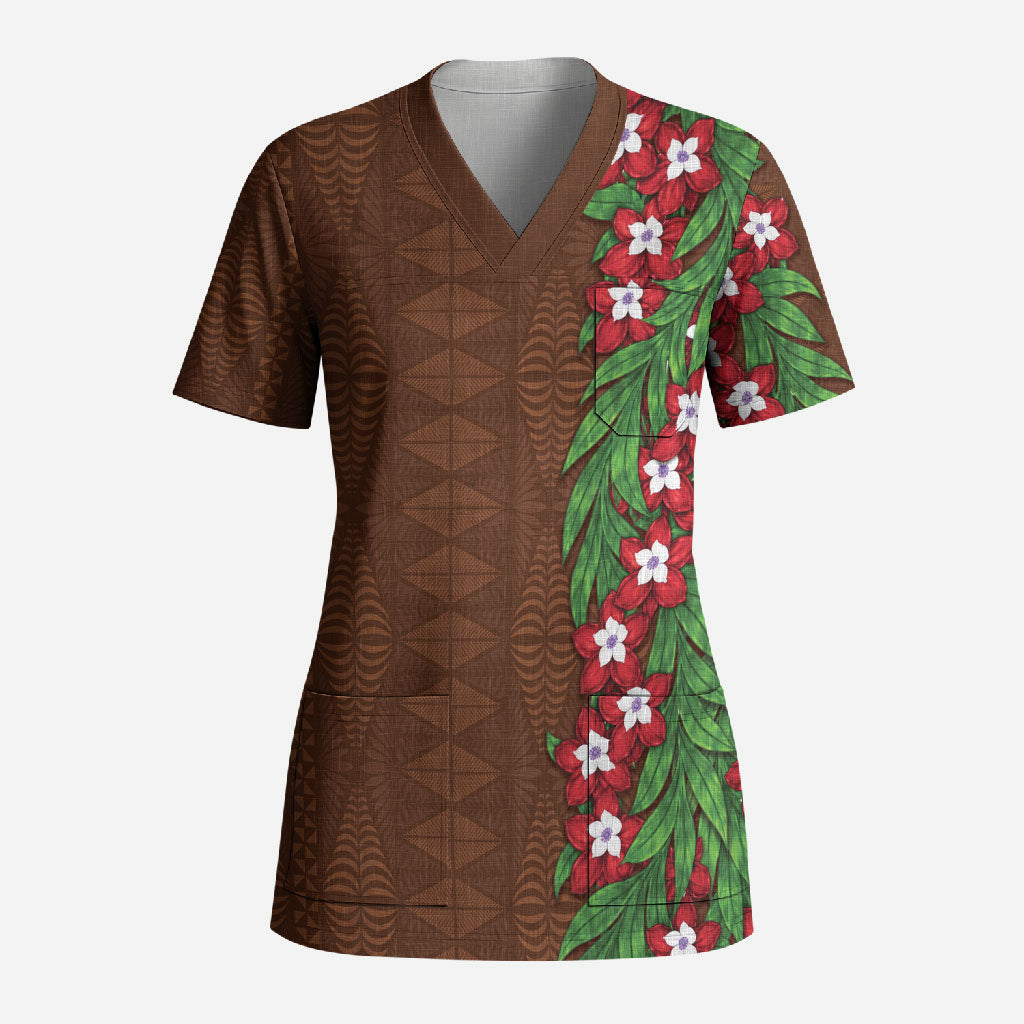 Tonga Language Week Scrub Top Heilala Floral Brown LT05 Adult Brown - Polynesian Pride