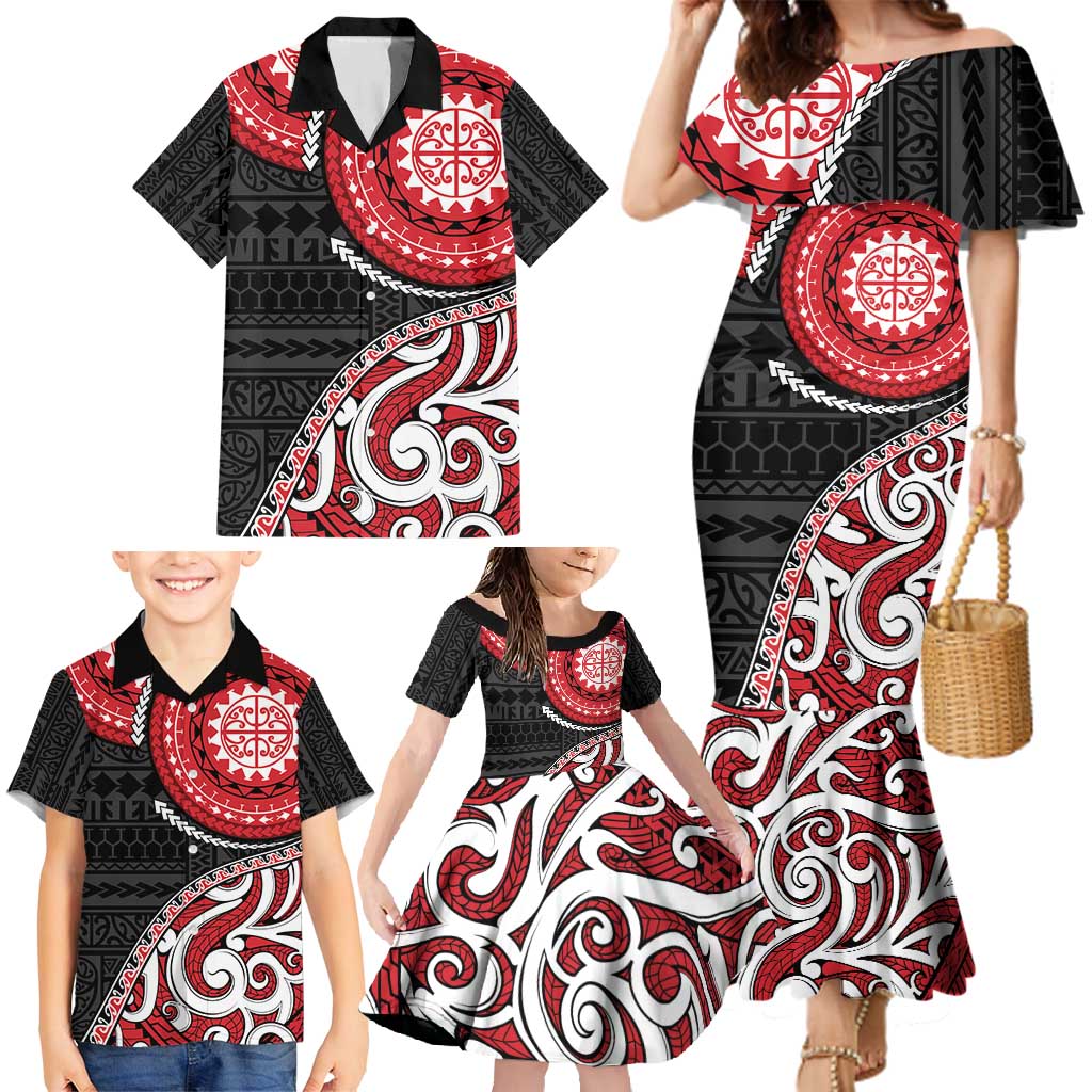 New Zealand Red Maori Koru Simple Style Family Matching Mermaid Dress and Hawaiian Shirt