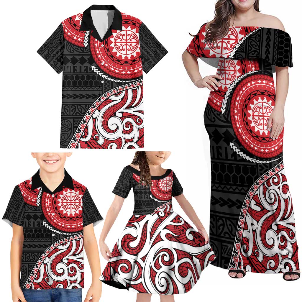 New Zealand Red Maori Koru Simple Style Family Matching Off Shoulder Maxi Dress and Hawaiian Shirt