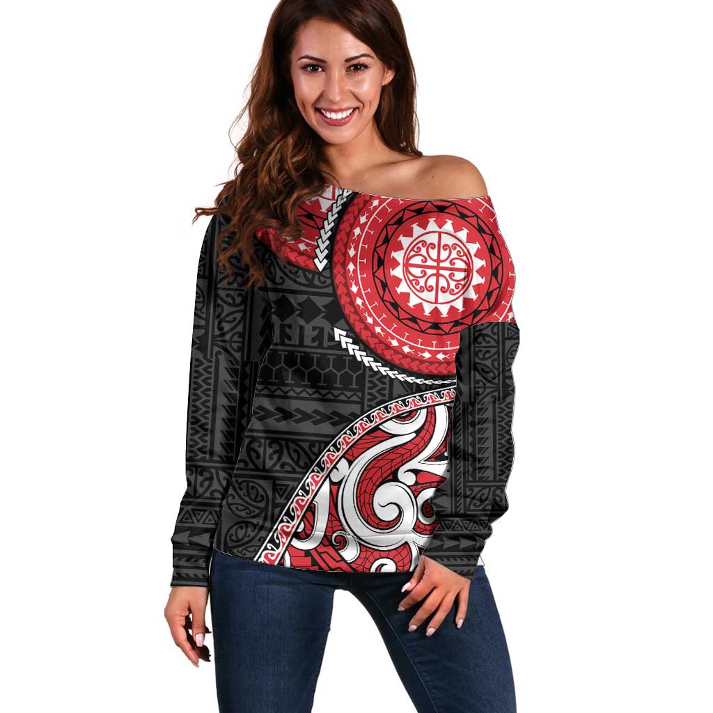 New Zealand Red Maori Koru Simple Style Off Shoulder Sweater LT05 Women Red - Polynesian Pride