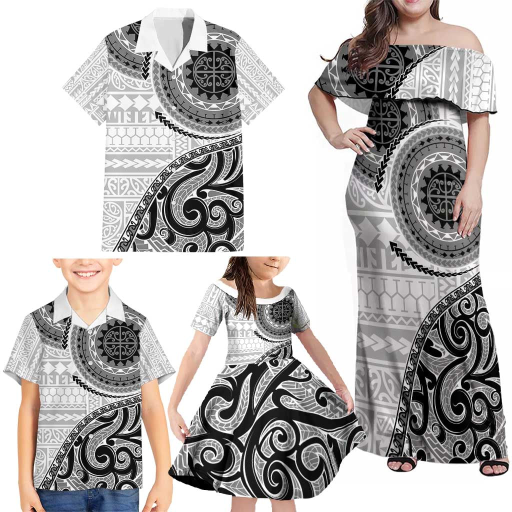 New Zealand White Maori Koru Simple Style Family Matching Off Shoulder Maxi Dress and Hawaiian Shirt