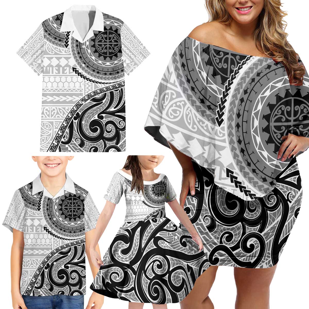 New Zealand White Maori Koru Simple Style Family Matching Off Shoulder Short Dress and Hawaiian Shirt