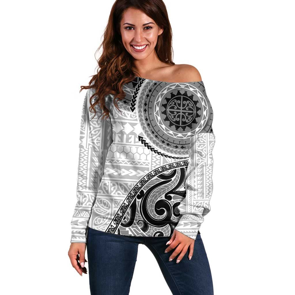 New Zealand White Maori Koru Simple Style Off Shoulder Sweater LT05 Women White - Polynesian Pride