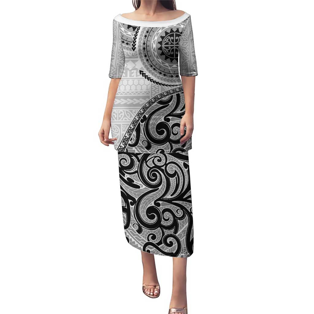 New Zealand White Maori Koru Simple Style Puletasi LT05 Long Dress White - Polynesian Pride