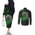 New Zealand Maori Koru Fern Couples Matching Off The Shoulder Long Sleeve Dress and Long Sleeve Button Shirt Spiral Polynesian Style Green