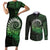 New Zealand Maori Koru Fern Couples Matching Short Sleeve Bodycon Dress and Long Sleeve Button Shirt Spiral Polynesian Style Green