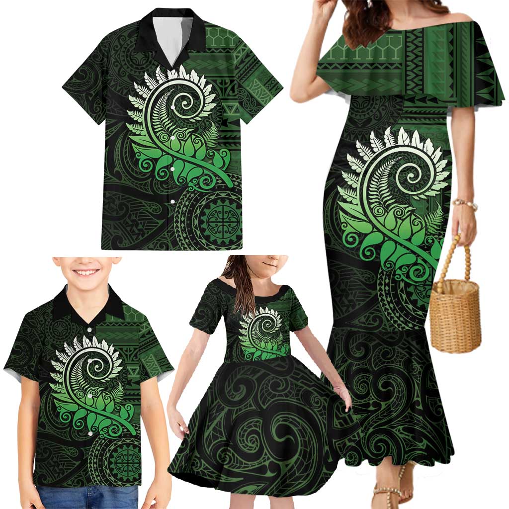 New Zealand Maori Koru Fern Family Matching Mermaid Dress and Hawaiian Shirt Spiral Polynesian Style Green