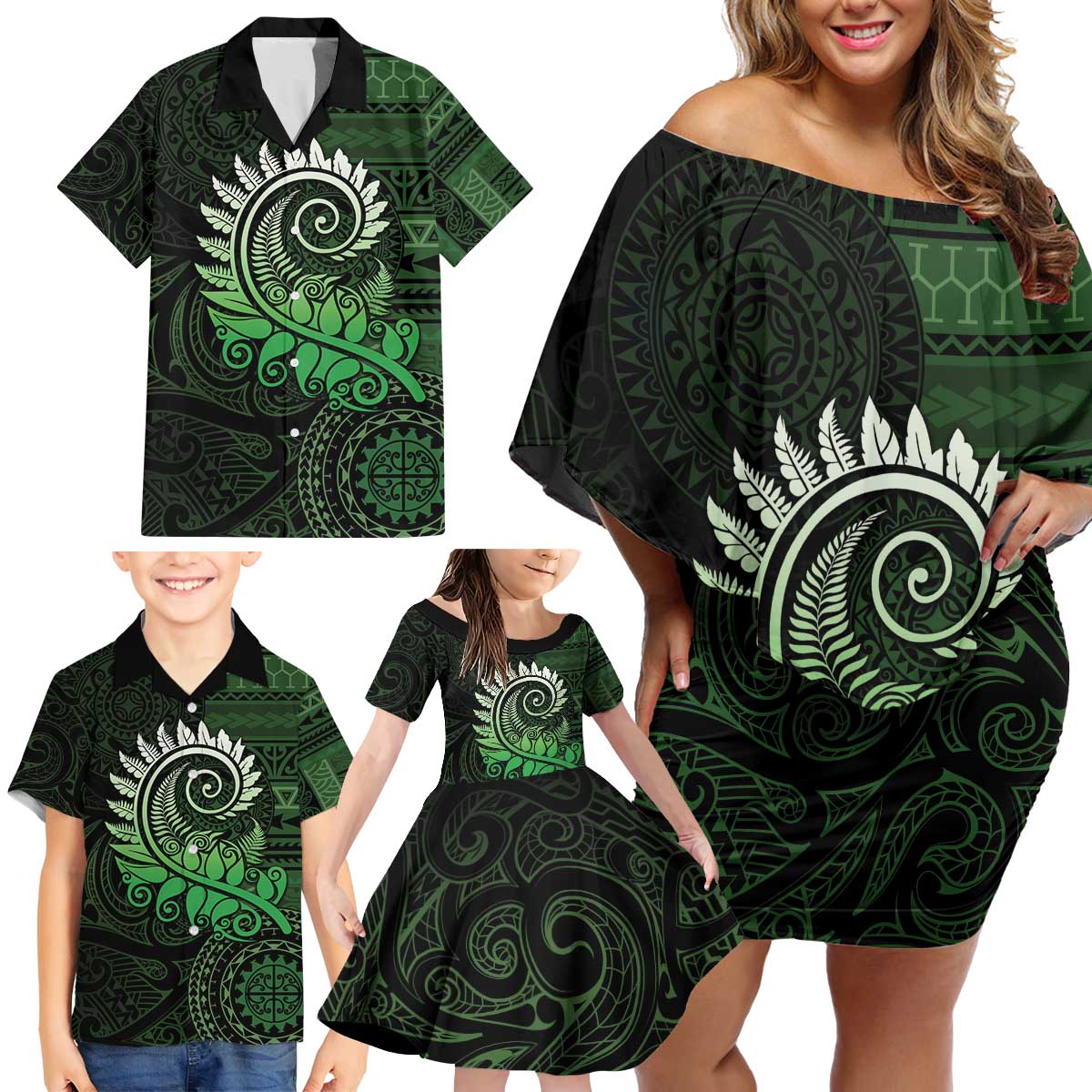 New Zealand Maori Koru Fern Family Matching Off Shoulder Short Dress and Hawaiian Shirt Spiral Polynesian Style Green