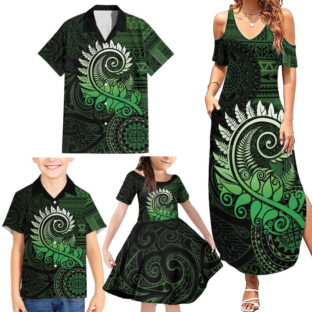 New Zealand Maori Koru Fern Family Matching Summer Maxi Dress and Hawaiian Shirt Spiral Polynesian Style Green