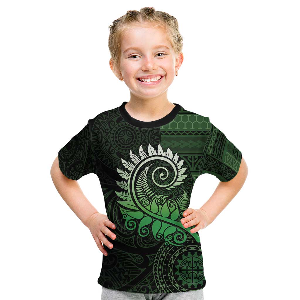 New Zealand Maori Koru Fern Kid T Shirt Spiral Polynesian Style Green