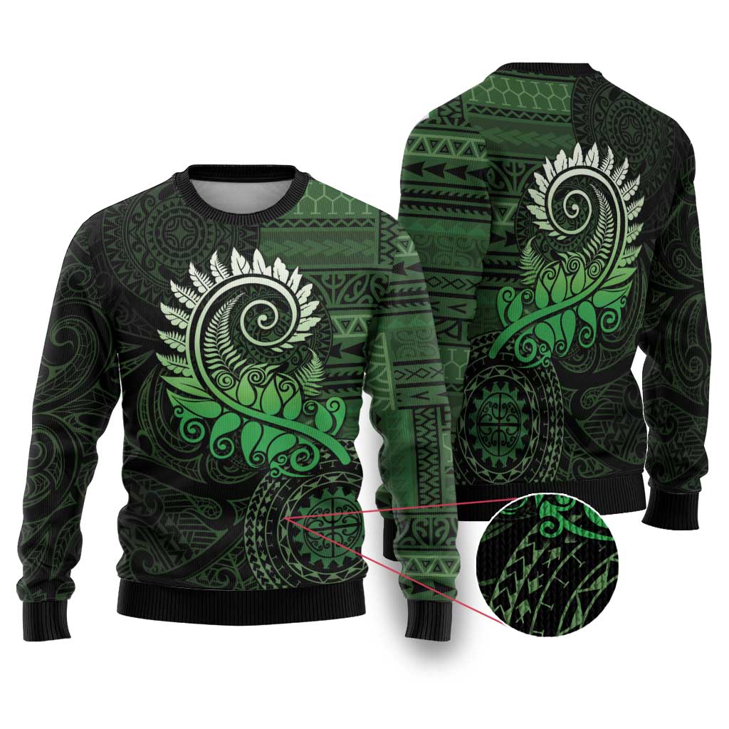 New Zealand Maori Koru Fern Ugly Christmas Sweater Spiral Polynesian Style Green LT05 Green - Polynesian Pride
