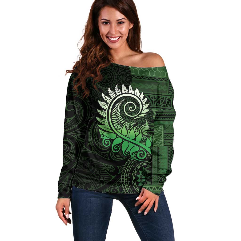 New Zealand Maori Koru Fern Off Shoulder Sweater Spiral Polynesian Style Green LT05 Women Green - Polynesian Pride