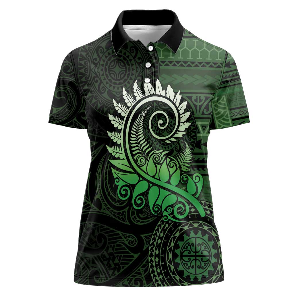 New Zealand Maori Koru Fern Women Polo Shirt Spiral Polynesian Style Green