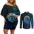 New Zealand Maori Koru Fern Couples Matching Off Shoulder Short Dress and Long Sleeve Button Shirt Spiral Polynesian Style Aqua Gradient