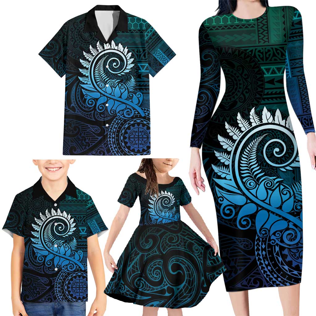 New Zealand Maori Koru Fern Family Matching Long Sleeve Bodycon Dress and Hawaiian Shirt Spiral Polynesian Style Aqua Gradient