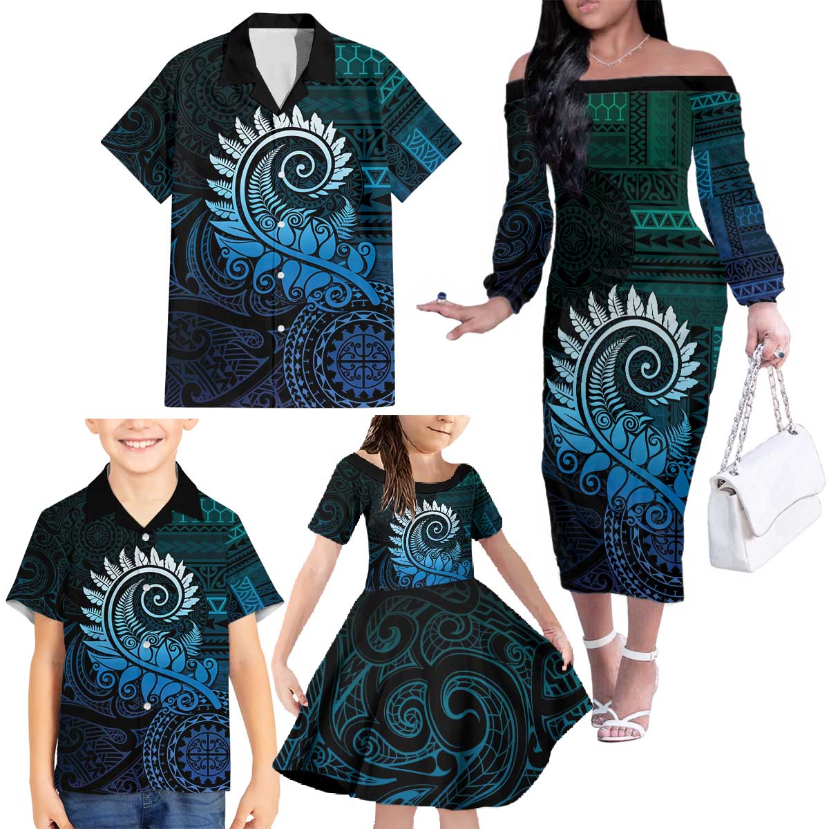 New Zealand Maori Koru Fern Family Matching Off The Shoulder Long Sleeve Dress and Hawaiian Shirt Spiral Polynesian Style Aqua Gradient