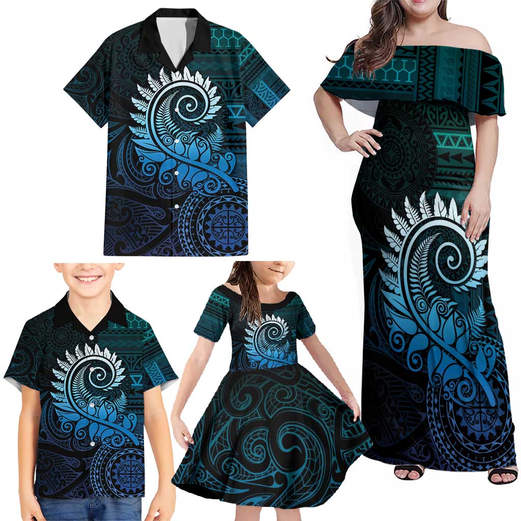 New Zealand Maori Koru Fern Family Matching Off Shoulder Maxi Dress and Hawaiian Shirt Spiral Polynesian Style Aqua Gradient