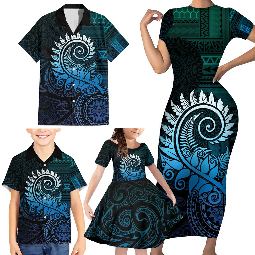 New Zealand Maori Koru Fern Family Matching Short Sleeve Bodycon Dress and Hawaiian Shirt Spiral Polynesian Style Aqua Gradient