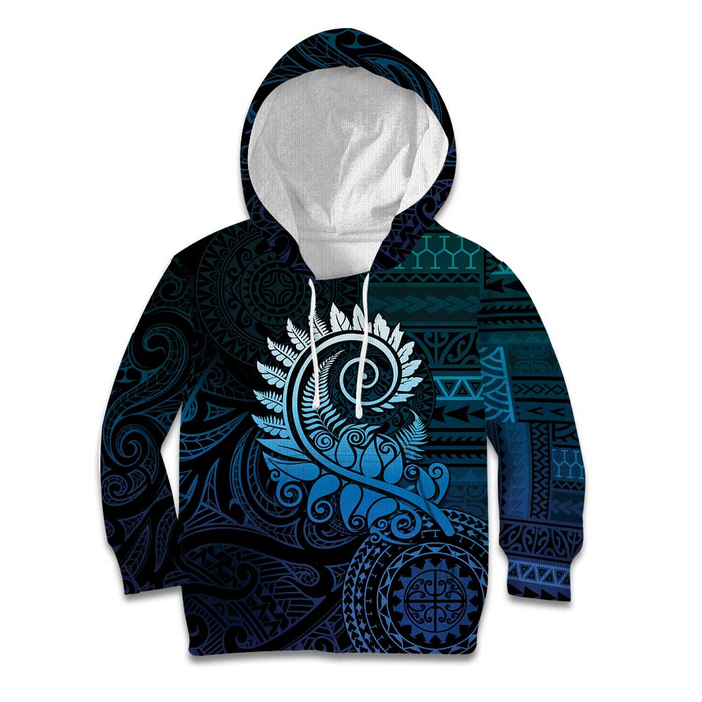 New Zealand Maori Koru Fern Kid Hoodie Spiral Polynesian Style Aqua Gradient