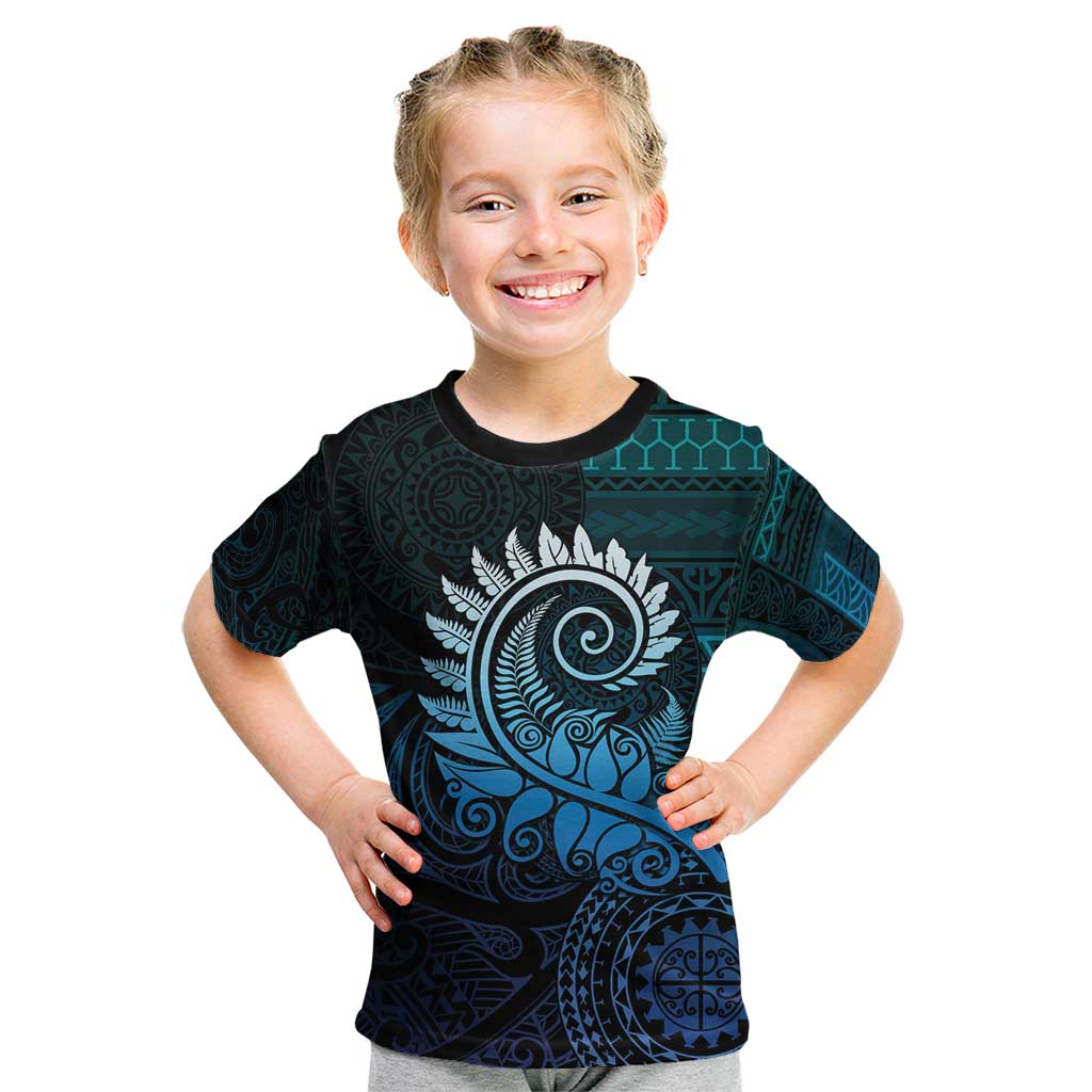 New Zealand Maori Koru Fern Kid T Shirt Spiral Polynesian Style Aqua Gradient