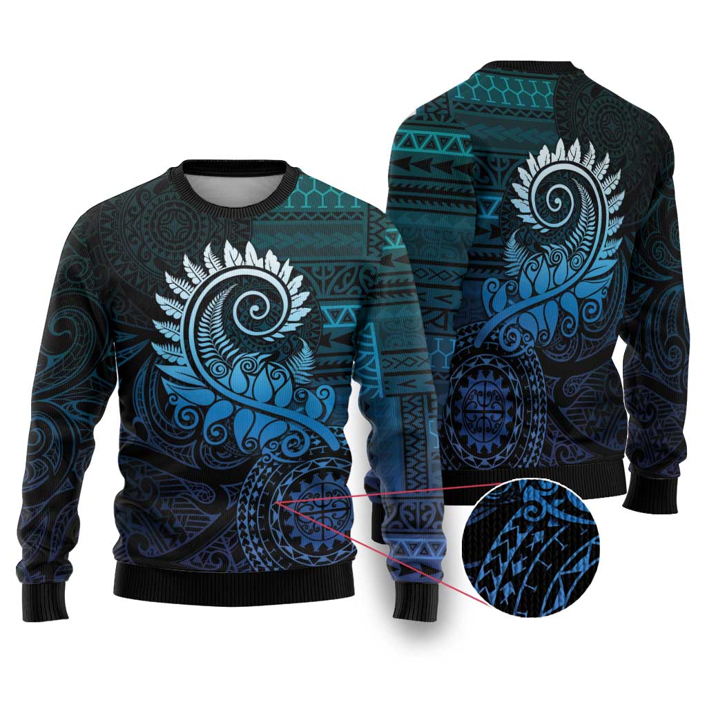 New Zealand Maori Koru Fern Ugly Christmas Sweater Spiral Polynesian Style Aqua Gradient LT05 Aqua - Polynesian Pride
