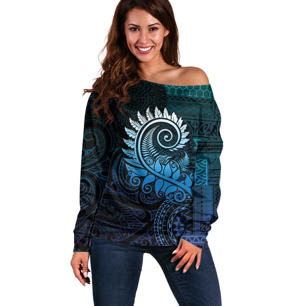 New Zealand Maori Koru Fern Off Shoulder Sweater Spiral Polynesian Style Aqua Gradient LT05 Women Aqua - Polynesian Pride