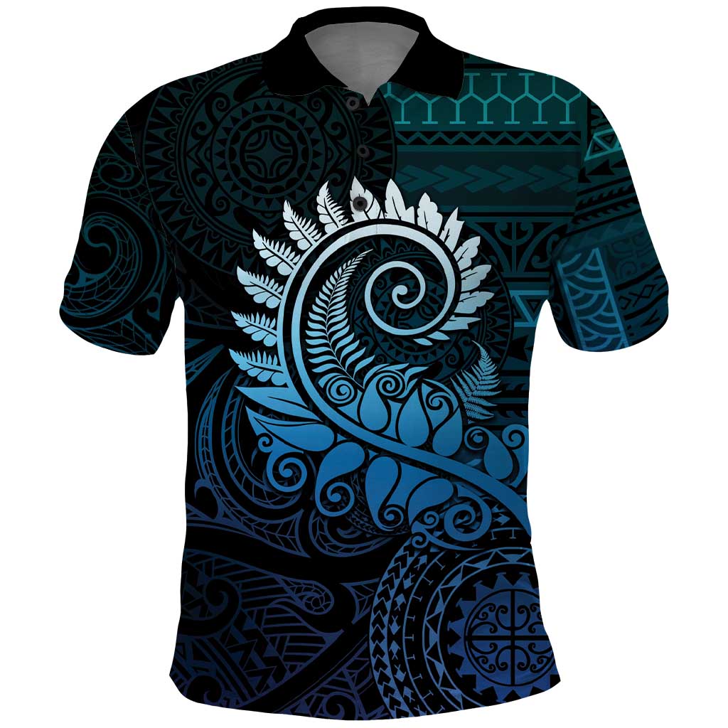 New Zealand Maori Koru Fern Polo Shirt Spiral Polynesian Style Aqua Gradient