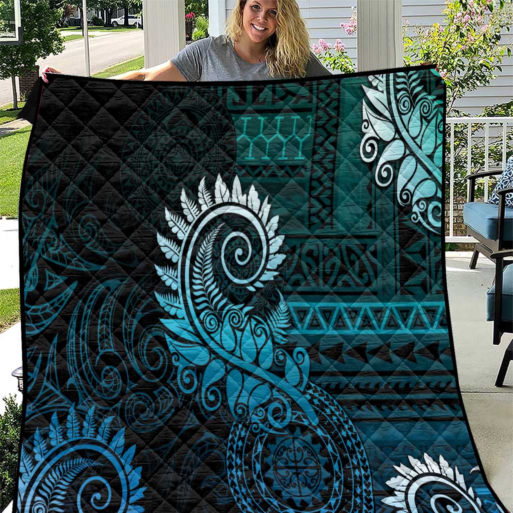 New Zealand Maori Koru Fern Quilt Spiral Polynesian Style Aqua Gradient