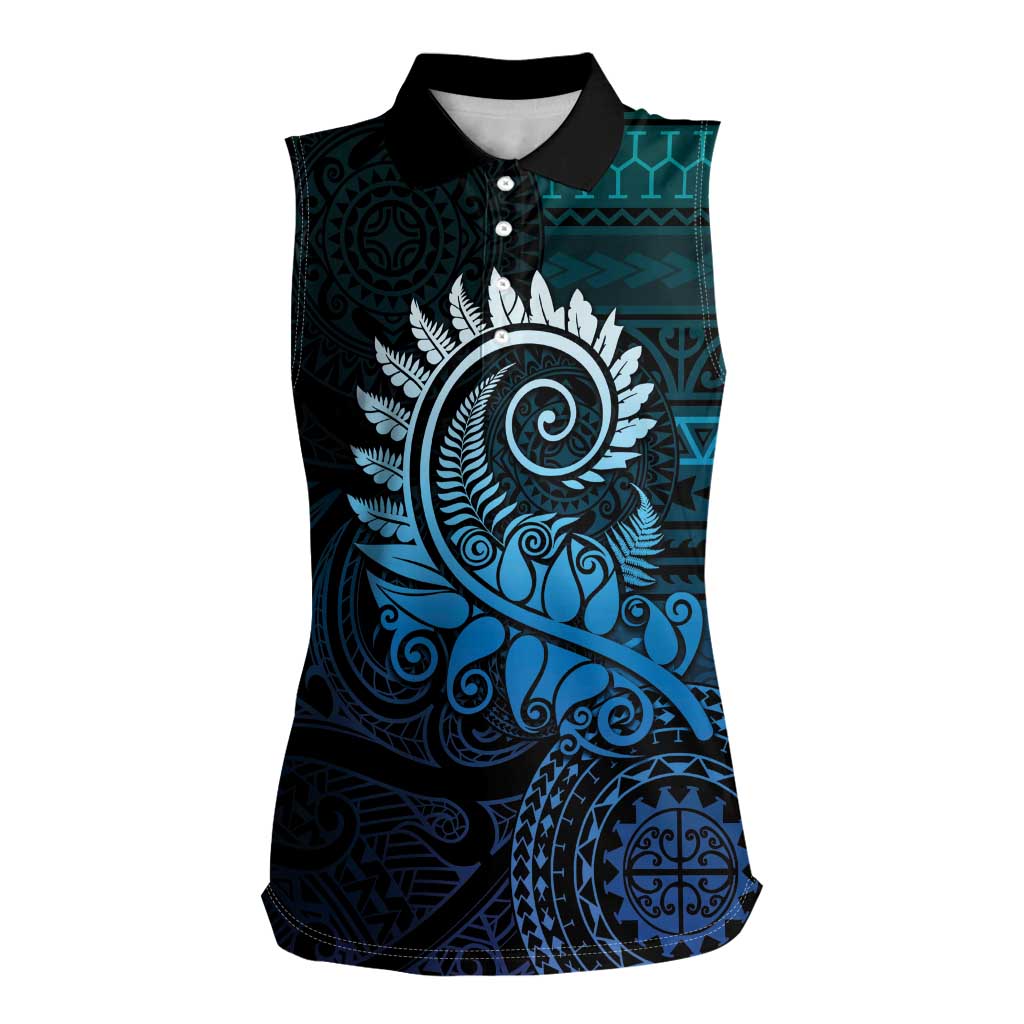 New Zealand Maori Koru Fern Women Sleeveless Polo Shirt Spiral Polynesian Style Aqua Gradient