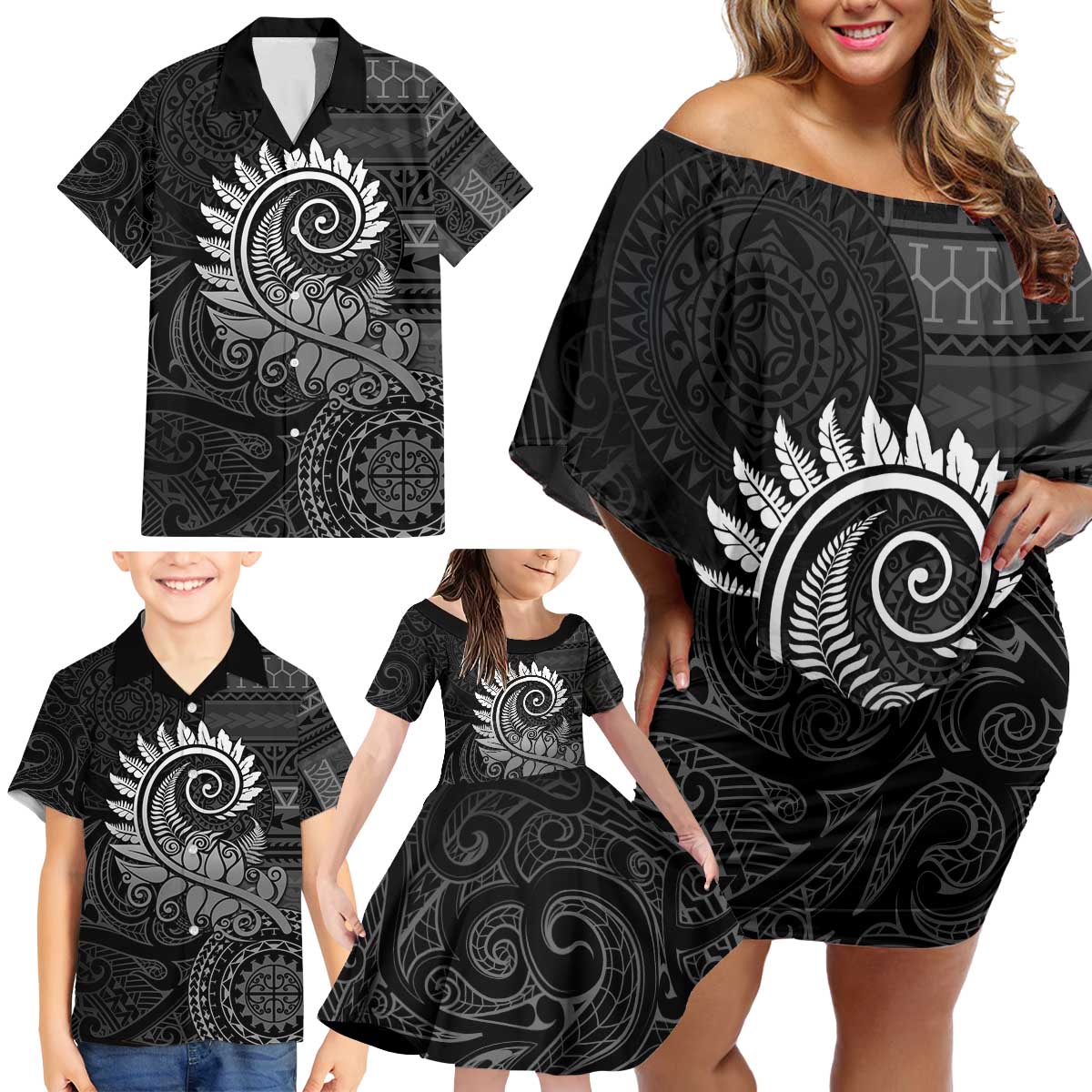 New Zealand Maori Koru Fern Family Matching Off Shoulder Short Dress and Hawaiian Shirt Spiral Polynesian Style Gray