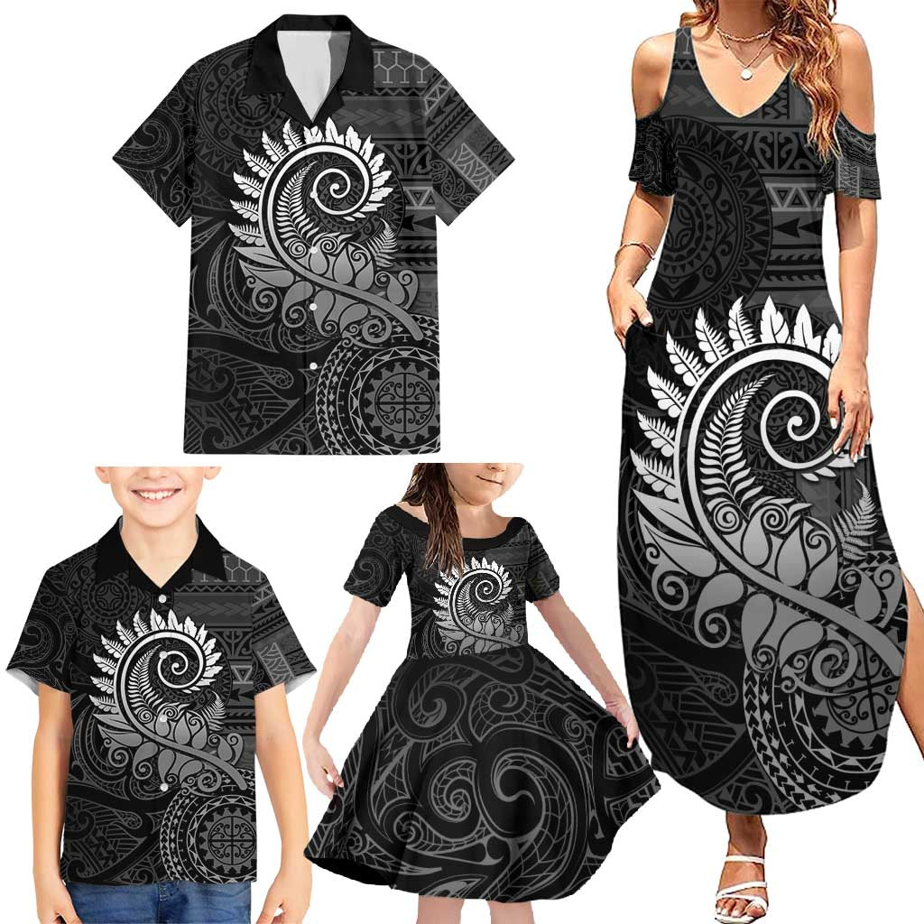 New Zealand Maori Koru Fern Family Matching Summer Maxi Dress and Hawaiian Shirt Spiral Polynesian Style Gray