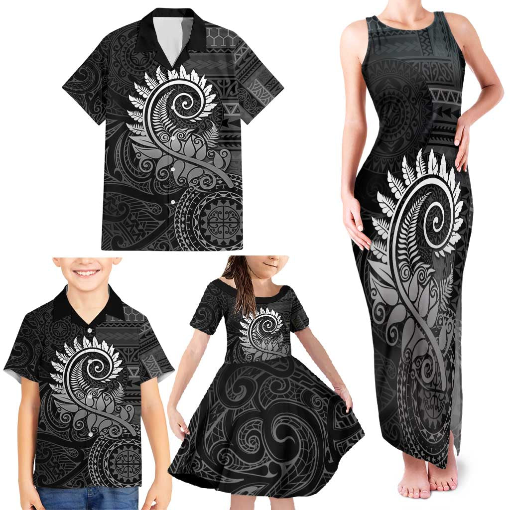 New Zealand Maori Koru Fern Family Matching Tank Maxi Dress and Hawaiian Shirt Spiral Polynesian Style Gray