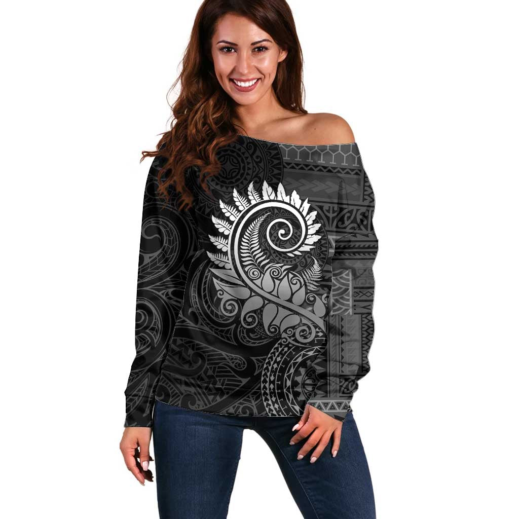 New Zealand Maori Koru Fern Off Shoulder Sweater Spiral Polynesian Style Gray LT05 Women Gray - Polynesian Pride
