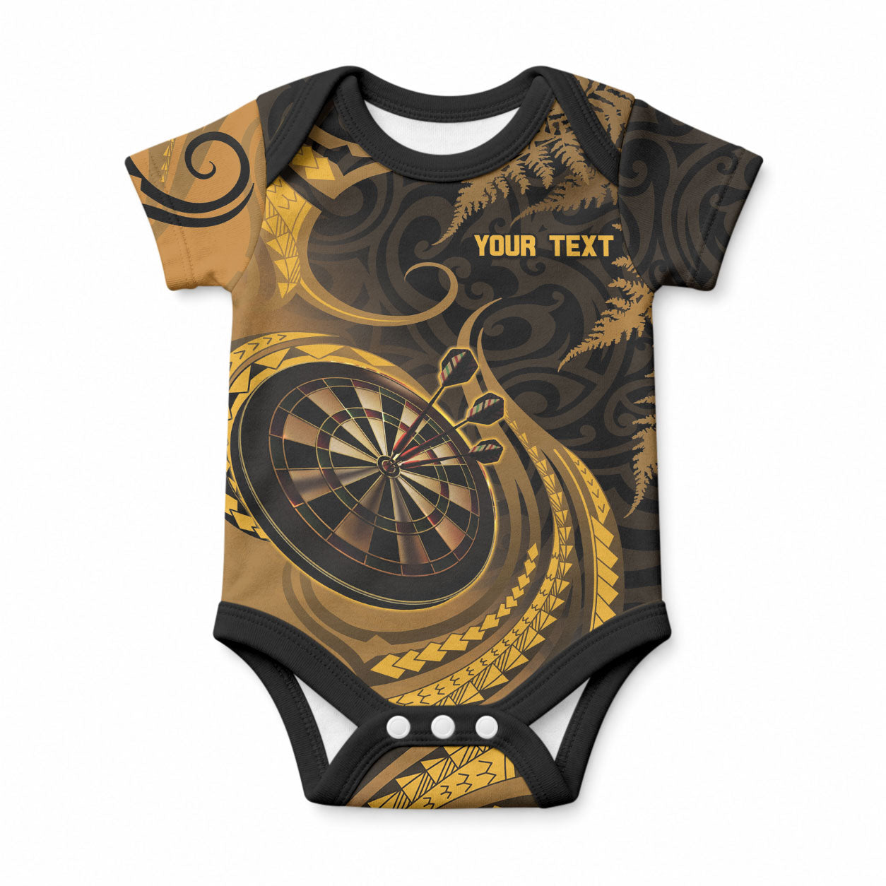Personalised New Zealand Gold Darts Baby Onesie Maori Fern Curve Style