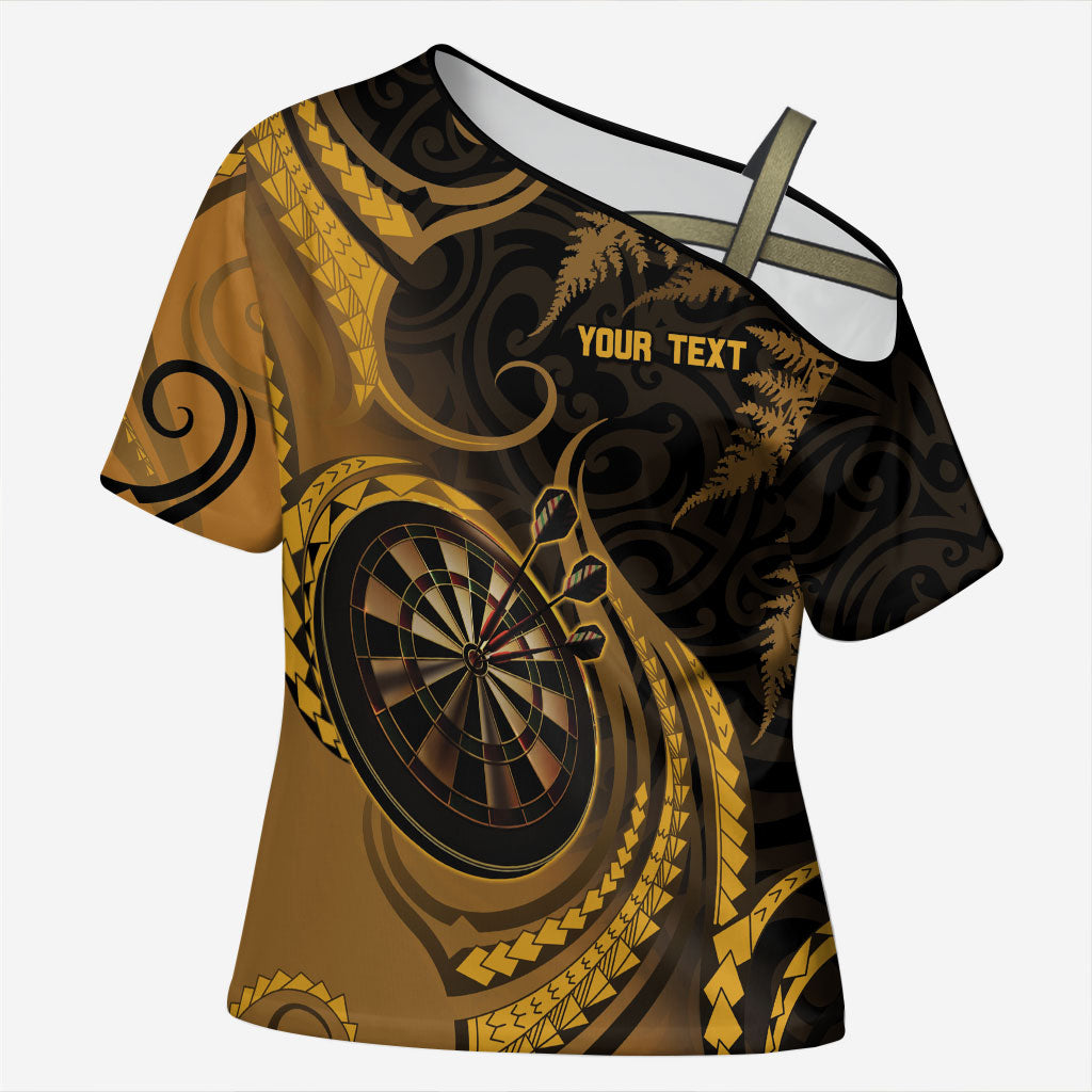 Personalised New Zealand Gold Darts Cross Shoulder Shirt Maori Fern Curve Style