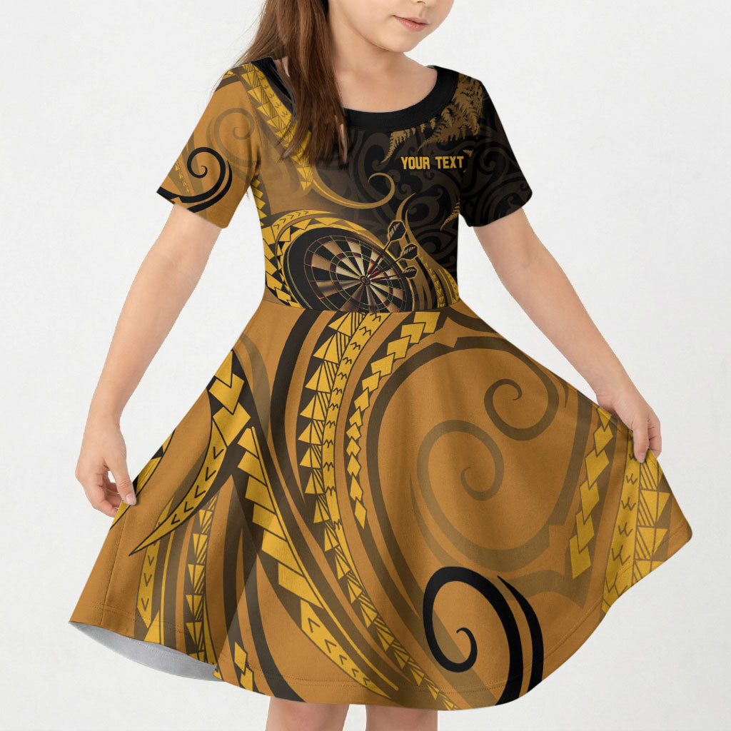 Personalised New Zealand Gold Darts Kid Short Sleeve Dress Maori Fern Curve Style