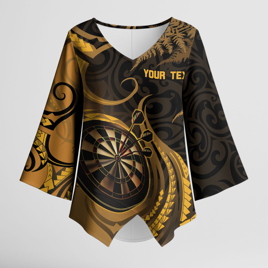 Personalised New Zealand Gold Darts Kimono Sleeve Blouse Maori Fern Curve Style