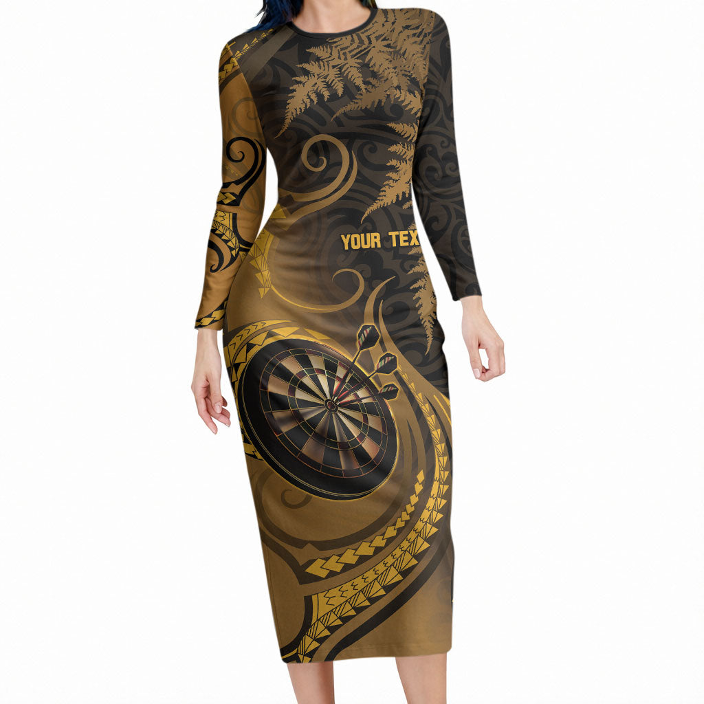 Personalised New Zealand Gold Darts Long Sleeve Bodycon Dress Maori Fern Curve Style LT05 Long Dress Gold - Polynesian Pride