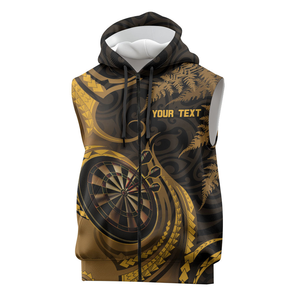 Personalised New Zealand Gold Darts Sleeveless Zip Hoodie Maori Fern Curve Style
