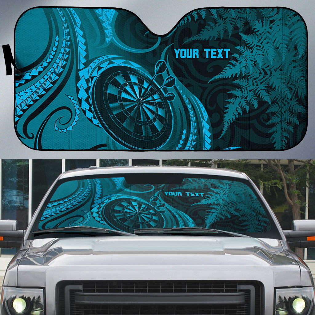Personalised New Zealand Turquoise Darts Auto Sun Shade Maori Fern Curve Style