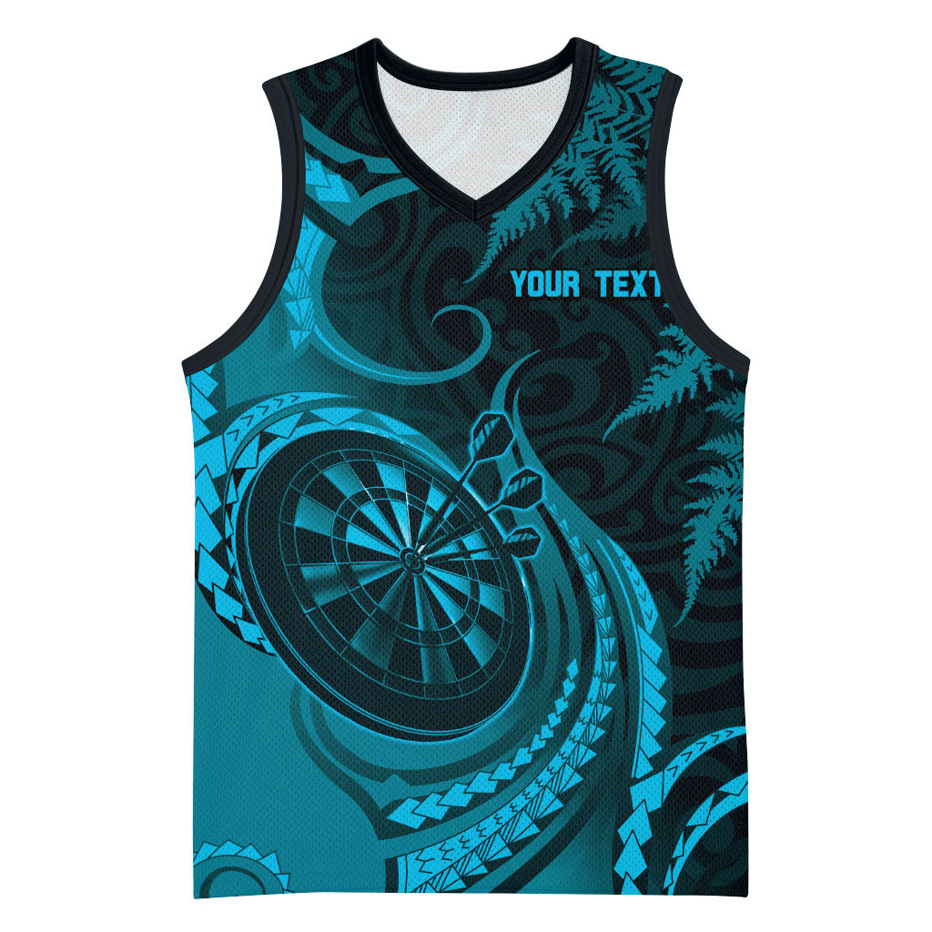 Personalised New Zealand Turquoise Darts Basketball Jersey Maori Fern Curve Style