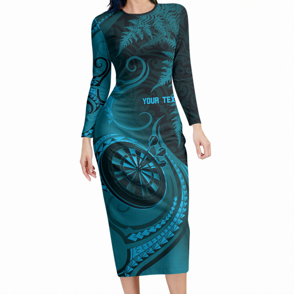 Personalised New Zealand Turquoise Darts Long Sleeve Bodycon Dress Maori Fern Curve Style LT05 Long Dress Turquoise - Polynesian Pride