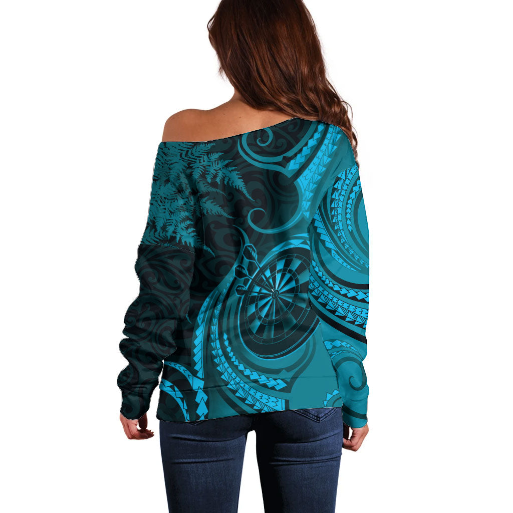 Personalised New Zealand Turquoise Darts Off Shoulder Sweater Maori Fern Curve Style LT05 - Polynesian Pride