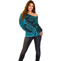 Personalised New Zealand Turquoise Darts Off Shoulder Sweater Maori Fern Curve Style LT05 - Polynesian Pride