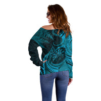 Personalised New Zealand Turquoise Darts Off Shoulder Sweater Maori Fern Curve Style LT05 - Polynesian Pride
