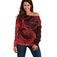 Personalised New Zealand Red Darts Off Shoulder Sweater Maori Fern Curve Style LT05 Women Red - Polynesian Pride