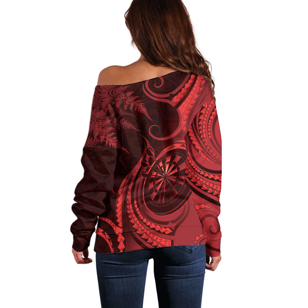 Personalised New Zealand Red Darts Off Shoulder Sweater Maori Fern Curve Style LT05 - Polynesian Pride