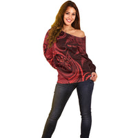 Personalised New Zealand Red Darts Off Shoulder Sweater Maori Fern Curve Style LT05 - Polynesian Pride