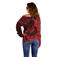 Personalised New Zealand Red Darts Off Shoulder Sweater Maori Fern Curve Style LT05 - Polynesian Pride